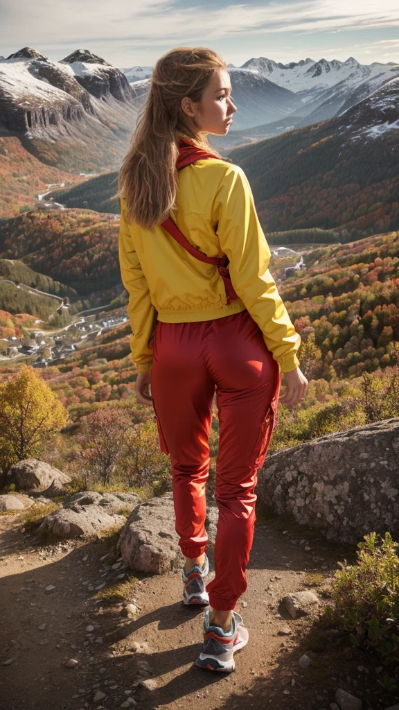 Naturescape photography; mountain climbing; Full body view; (1woman:0.5, solo), (slender body), (Small breasts) , (soaking wet red wind jacket ,tight cargo satin Pants, terrain running shoes, big rucksack), standing on a mountain peak, Rough track, boulders , (long yellow hair), (nordic girl, -yeld, ua delicate face, ultra Beautiful face, ultra delicate eyes, ultra detailed nose, ultra detailed mouth, ultra detailed facial features, natural skin, blemishes, blue eyes), (breasts are small: 0.5) (face is shiny:0.8), (natural skin:1 m, (Spectacular autumn rain, mountain views, with rugged Norwegian mountain ranges in the distance ), (Highest Quality, hyper-realistic:1.3, Super dense, very detailed illustration, Best image quality, very detailed illustration) natural skin, blemishes, detail skin texture, full body pose, natural skin poors, (((shot straight from the behind ))) she is uncomfortable and cold, afraid, sexy Ass, candid Ass,