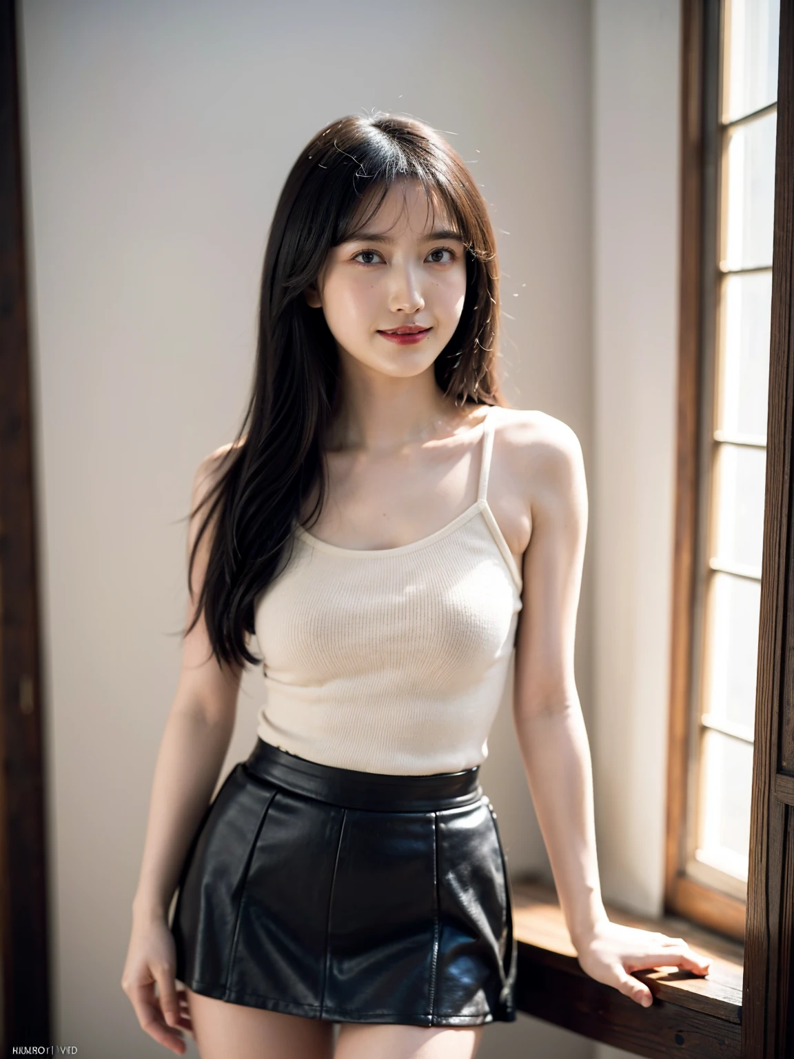 1girl, woman, masterpiece, best quality, highest quality, cinematic lighting, (volumetric lighting), extremely detailed CG unity 8k wallpaper, focused, 8k wallpaper, extremely detailed, ultra realistic, photorealistic, sharp focus, absurdres, (HDR:1.2), (high contrast), photograph, detailed and intricate, instagram, portrait, highly detailed, digital painting, artstation, concept art, smooth, sharp focus, illustration, cinematic lighting, (golden ratio of breast size), ((medium shoulder)), (skinny legs), (slender body), (height 163cm), (HQ skin:1.4), (knit strap tanktop, very short black skirt), (standing, show thighs), ((medium hair)), (hips shot, hip level shot), medium shot, ((eyes looking at viewer,smiled slightly))