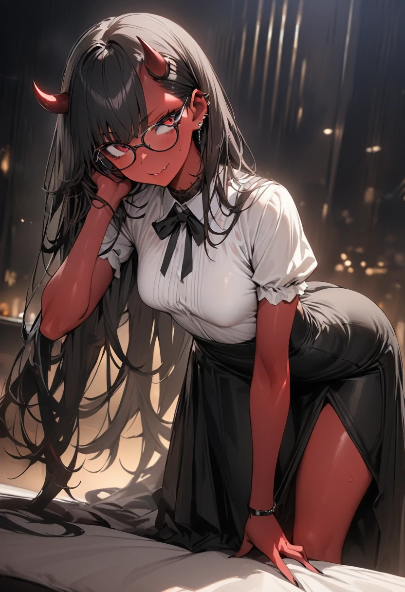 (masterpiece:1.2),(best quality:1.2),(masterpiece, best quality, ultra-high resolution), (demon woman), Short black hair, intense and piercing eyes, red skin, small and discreet horns, slim and elegant figure, small breasts, Dresses in a formal blouse and a tight skirt to the knees, glasses.