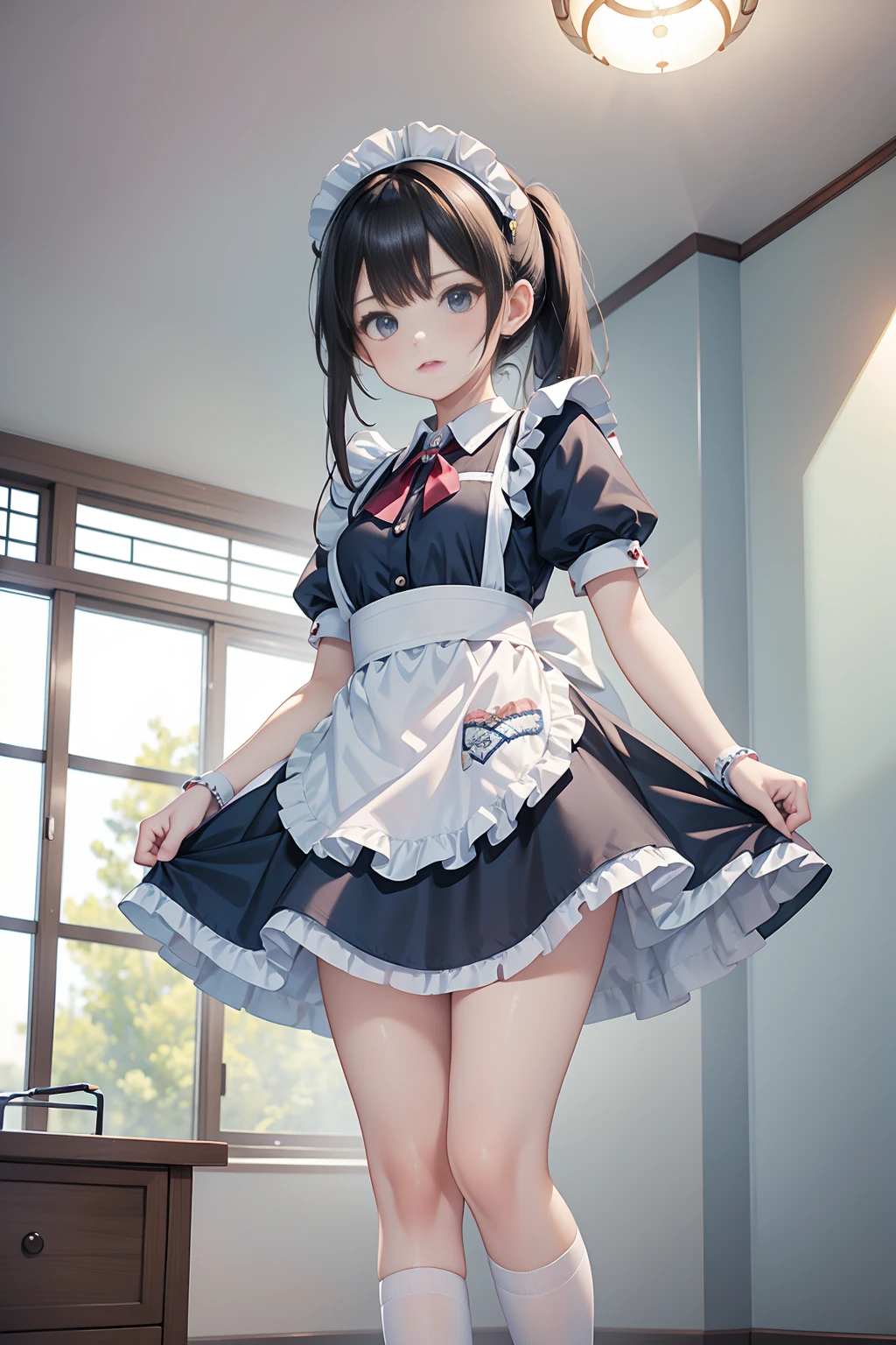 masterpiece, best quality, ultra detailed,super fine illustration, highly detailed beautiful face and eyes, 1girl, (cute), (kawaii), small breasts, (traditional maid collared shirt:1.3), mini skirt, (navy high socks), ponytail hair, standing, noshoes, (from below:1.3),