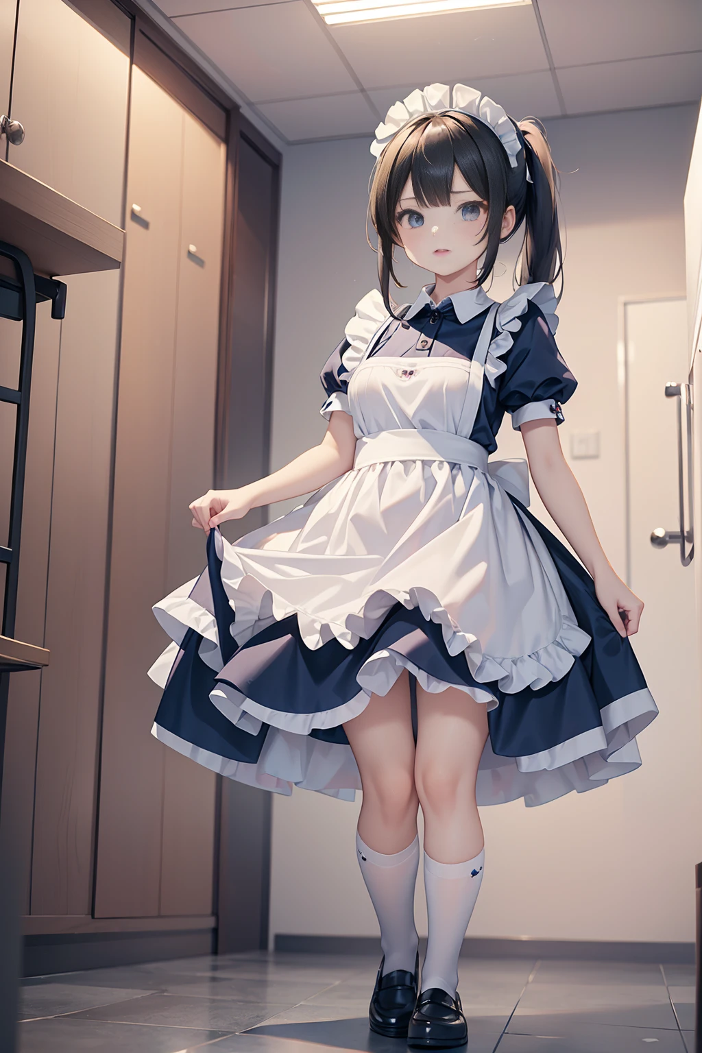 masterpiece, best quality, ultra detailed,super fine illustration, highly detailed beautiful face and eyes, 1girl, (cute), (kawaii), small breasts, (traditional maid collared shirt:1.3), mini skirt, (navy high socks), ponytail hair, standing, noshoes, (from below:1.3),