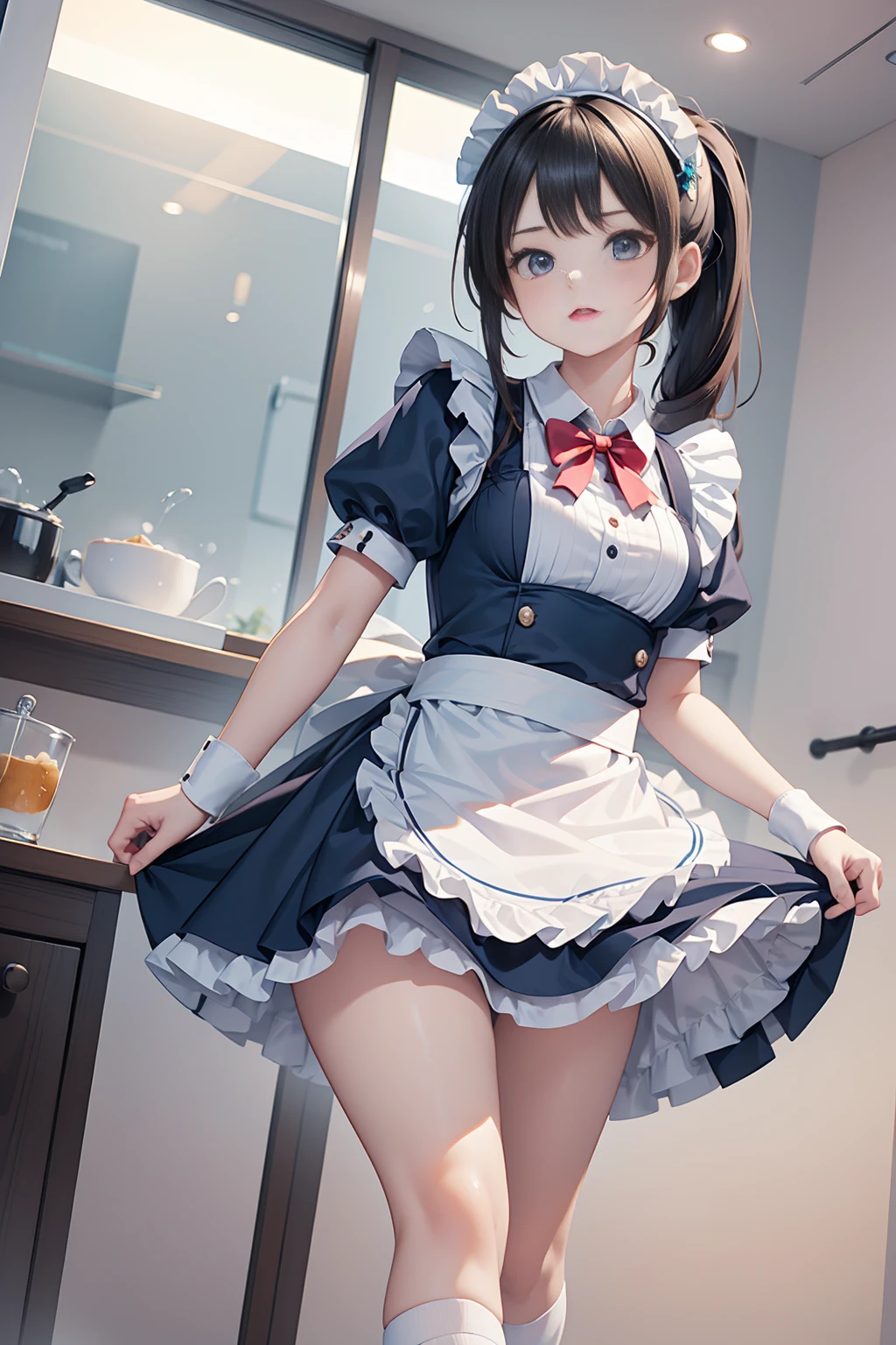 masterpiece, best quality, ultra detailed,super fine illustration, highly detailed beautiful face and eyes, 1girl, (cute), (kawaii), small breasts, (traditional maid collared shirt:1.3), mini skirt, (navy high socks), ponytail hair, standing, noshoes, (from below:1.3),
