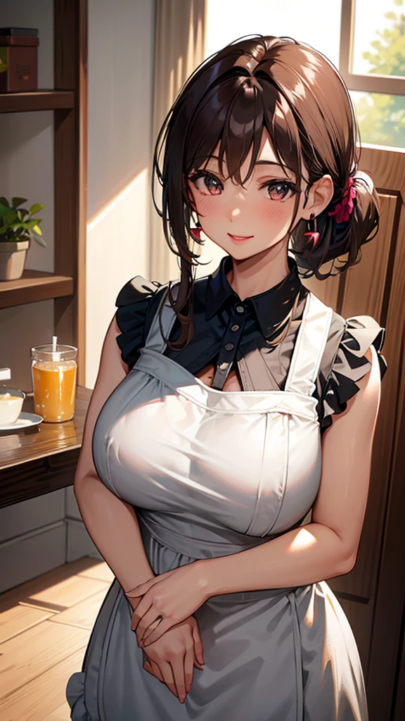 Female 26 years old,housewife,Sunlight,Smile,put on lipstick,light brown short curly hair,Tie a ponytail on the left side,Slightly plump,half moon earrings,Close-up photo of face,Home apron,Huge Breasts,There is a mole at the corner of the mouth