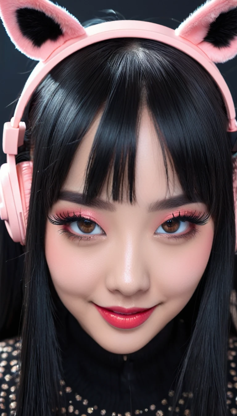 black hair, hair bobbles, wince, longeyelashes, solid circle eyes, fake animal ears, light smile, ear blush, fang, ccurate, Surrealism, drop shadow, anaglyph, stereogram, tachi-e, pov, atmospheric perspective, 8k, super detail, best quality