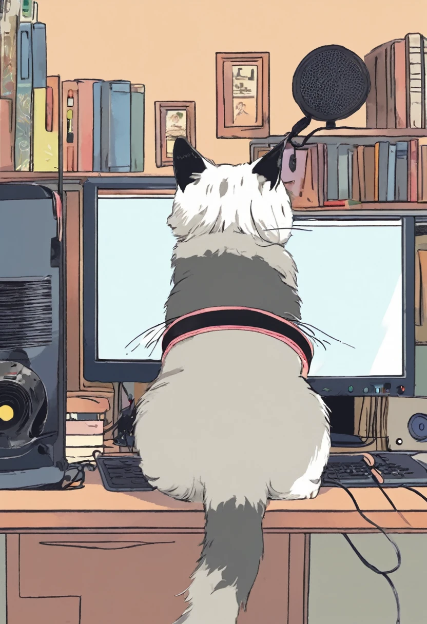 The image is from behind the cat.。A cat is operating a computer。Hanging headphones around your neck。