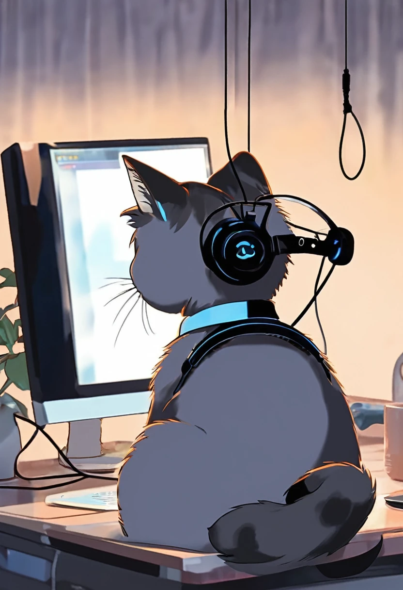 The image is from behind the cat.。A cat is operating a computer。Hanging headphones around your neck。