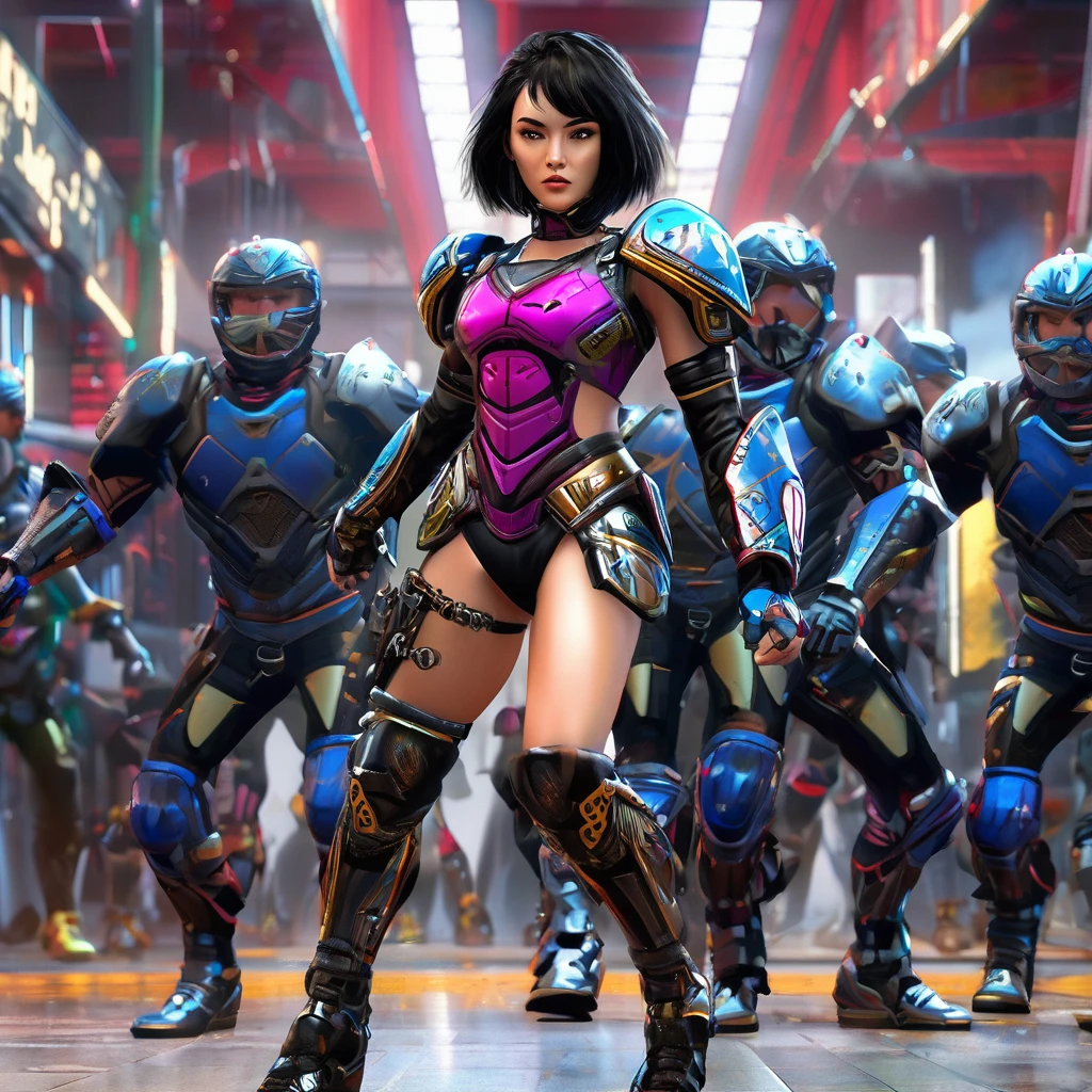 Ultra-realistic CG K ,((Award、8K、32k、Masterpiece artwork、nffsw:1.3)), (superfine illustration)、(Super high resolution), (((adult body))), (((1 girl in))), ((( short hair bob ))), 25-year-old cyberpunk gladiator with perfect body, shoulder pads with metal spikes., Gladiators in Brooklyn, (( short hair bob )), Ripped rugby team t-shirt, Almost naked in Simon Bisley&#39;s wild urban style, Short blonde hair, Minimal clothing, Metal protection on the left arm with complex graphics..., Dark red with white stars and blue and white stripes.,(( dynamic action pose:1.5)), armour, full of spikes and rivets., poison tattoo (((Knee up image))), short white blonde hair, No fundo、 There is a wall with an intricate design painted by Shepard Fairey...