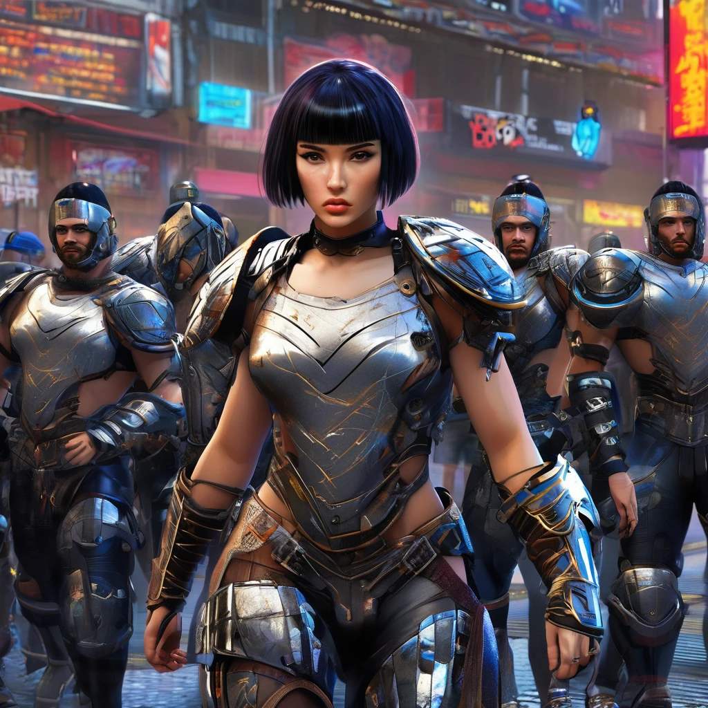 Ultra-realistic CG K ,((Award、8K、32k、Masterpiece artwork、nffsw:1.3)), (superfine illustration)、(Super high resolution), (((adult body))), (((1 girl in))), ((( short hair bob ))), 25-year-old cyberpunk gladiator with perfect body, shoulder pads with metal spikes., Gladiators in Brooklyn, (( short hair bob )), Ripped rugby team t-shirt, Almost naked in Simon Bisley&#39;s wild urban style, Short blonde hair, Minimal clothing, Metal protection on the left arm with complex graphics..., Dark red with white stars and blue and white stripes.,(( dynamic action pose:1.5)), armour, full of spikes and rivets., poison tattoo (((Knee up image))), short white blonde hair, No fundo、 There is a wall with an intricate design painted by Shepard Fairey...