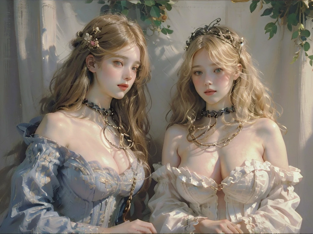 2girls,pov, women, seductive stare, ((((linked collar, collar linked together by a chain, collars linked by chain, linked together with chain)))), ((18 yo, detailed face, feminine skin)) , fit , (young) , beautiful , (((pale skin, wavy blonde hair))), dreamy, loving stare, bright magical fairytale fantasy atmosphere, sexy, flowers in hair, surrounded by flowers, happy, playful, ((big soft heavy breasts, busty cleavage, maid, huge tits)), in love, magical mist energy, hair flower, blush, pretty, elegant, cute, youthful, , teen, choker, collar, ((huge hanging boobs)), (((Baroque court dress, fantasy, aesthetic of softness and gentleness and innocence and fertility, ruby necklace)))