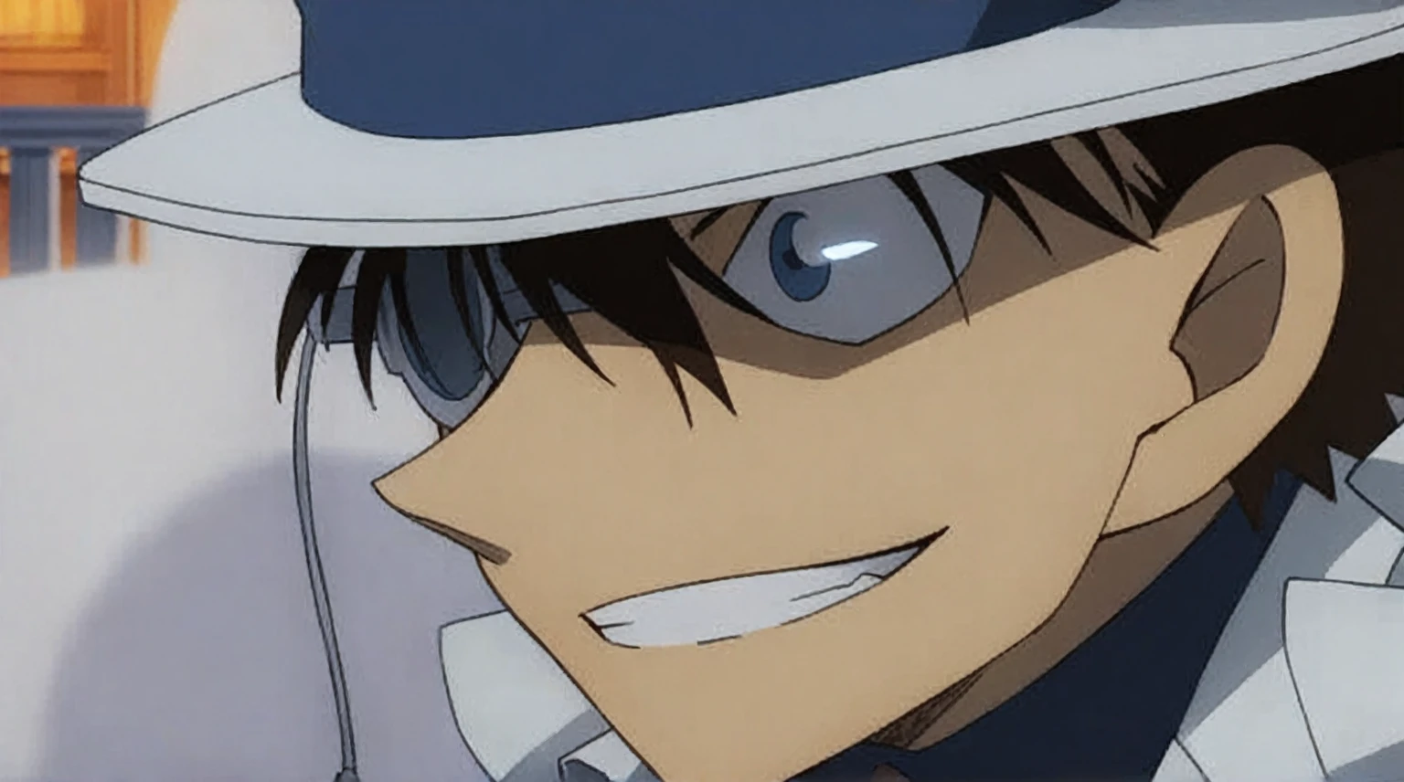 Super detailed,(masterpiece,4K),White suit,silk hat,((1 boy)),Detective Conan: Kaitou ???,White Cape,White leather shoes,White gloves,rooftop,Moonlit Night,Get down on one knee,glasses,Grin, Place one hand on the ground,Stretch your arms out in front of you,Ready your gun?