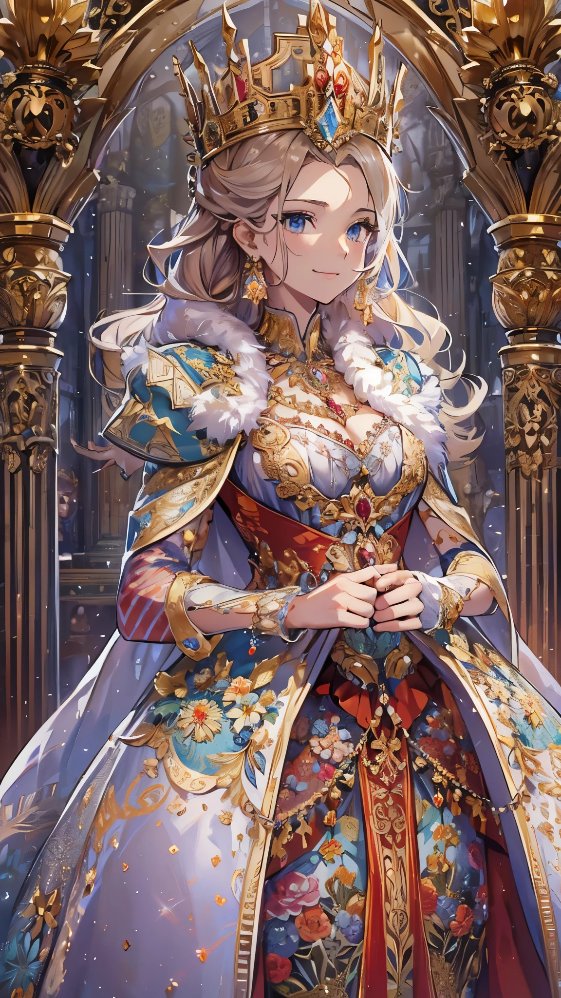 (Highest quality)),(Ultra-high resolution),(Super detailed),(Detailed Description),((The best CG)),(masterpiece),Highly detailed art,(Art with precise details:1.5), (The queen in an intricately designed dress:1.3),A confident and beautiful face:1.4,(Smile:1.3),Sparkling Jewelry:1.2,(A luxurious throne with intricate carvings:1.3),crown:1.3, vermilion:1.2