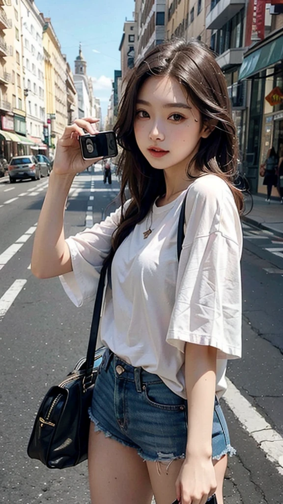 Beautiful woman, fiddling with cell phone in the middle of the street, short clothes
