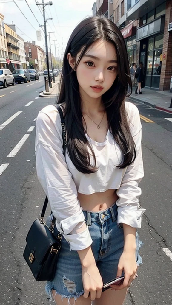 Beautiful woman, fiddling with cell phone in the middle of the street, short clothes