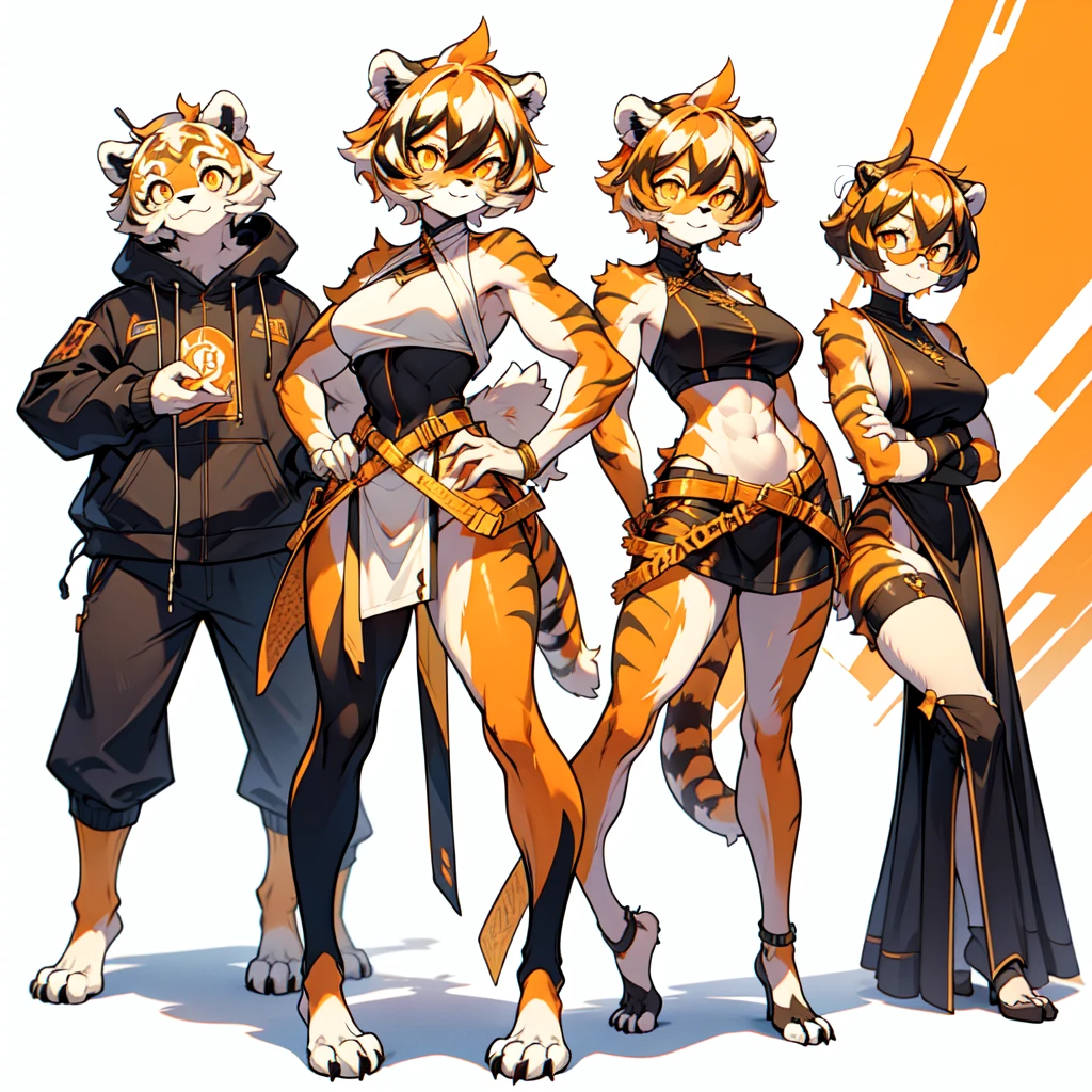 white background, full body, ((furry female:1.2)), Standing, animal ears, white hair, black hair, short hair, large breasts, muscle, tail, orange eyes, orange hair, multicolored hair, tiger girl, hair between eyes, tiger_ears, tiger_tail, orange-tinted_eyewear, tinted_eyewear, big breasts, evil smile, Shadows under feet, Abdominal muscles, (((Hooker outfit:1.2))), show body，Gold, lots of gold, gold ingots everywhere