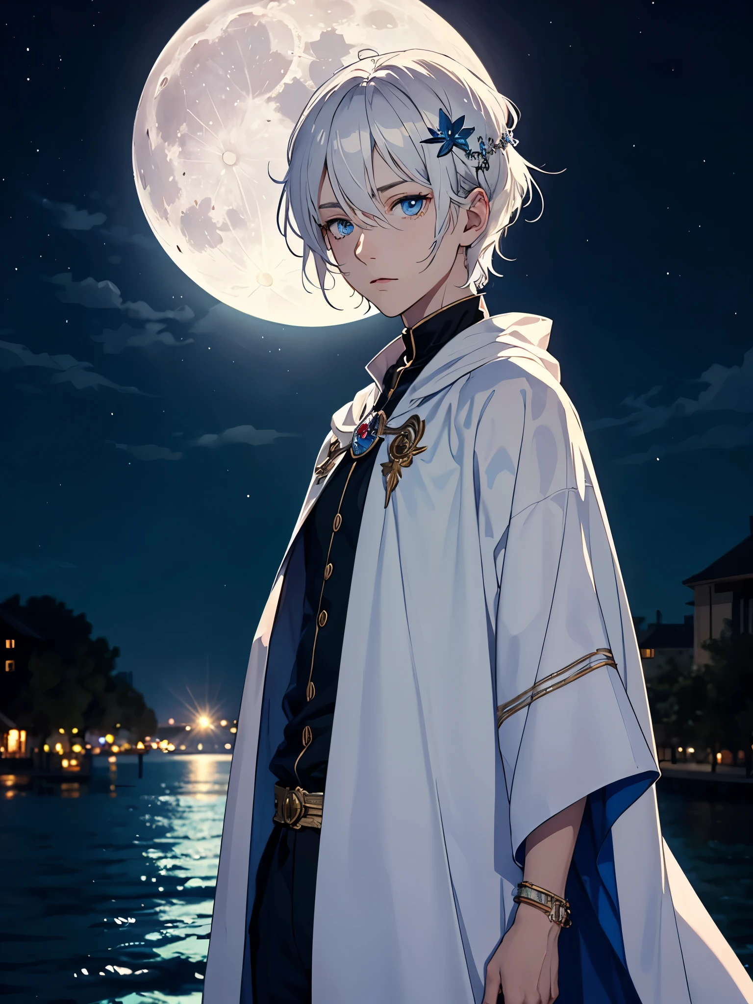Lange haare. Mehr anime. aquatic, boy, Goddess of the Moon, silver hair accessories, White hair, White dress, cape, at night, saturated colors, light eyes, bright, light blue light, blue eyes, Jewelry silver, bluish light, Full moon in the background, aquatic in der Luft rosa kerzen