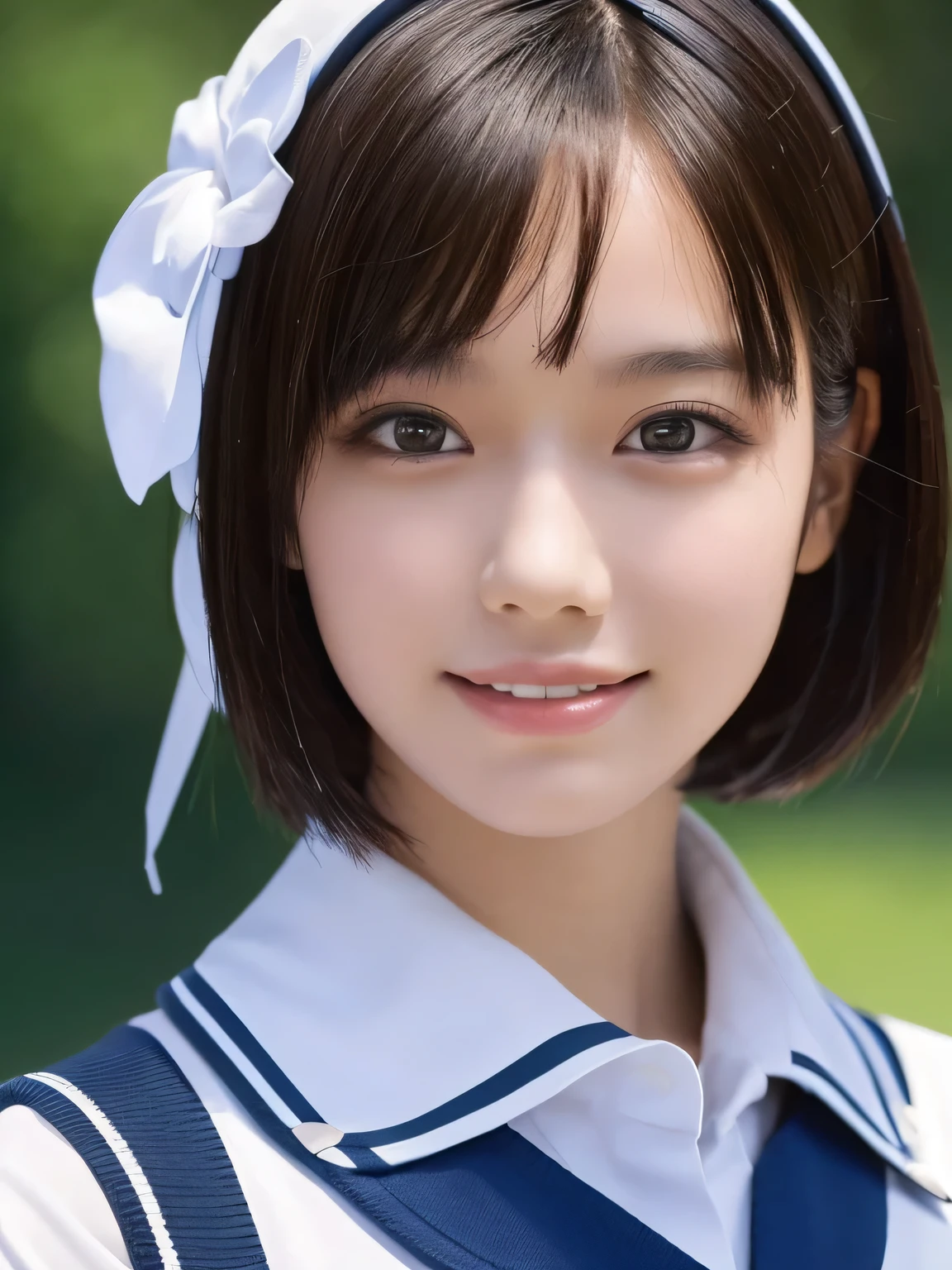 Top quality, 1 beautiful woman, Sunlight, ((masterpiece, Highest quality, High resolution)), (look back:1.3), 1 girl, smile, (Realistic: 1.4), Great face, 15 years old, Short Hair, (Beautiful Hair:1.5), Sailor suit, The background is a school building, Side angle, (Close-up of face:1.3), Smooth, Highly detailed CG composite 8K wallpaper, High resolution RAW color photos, Professional photography, Light, BackLight, dream-like, impressive, Written boundary depth