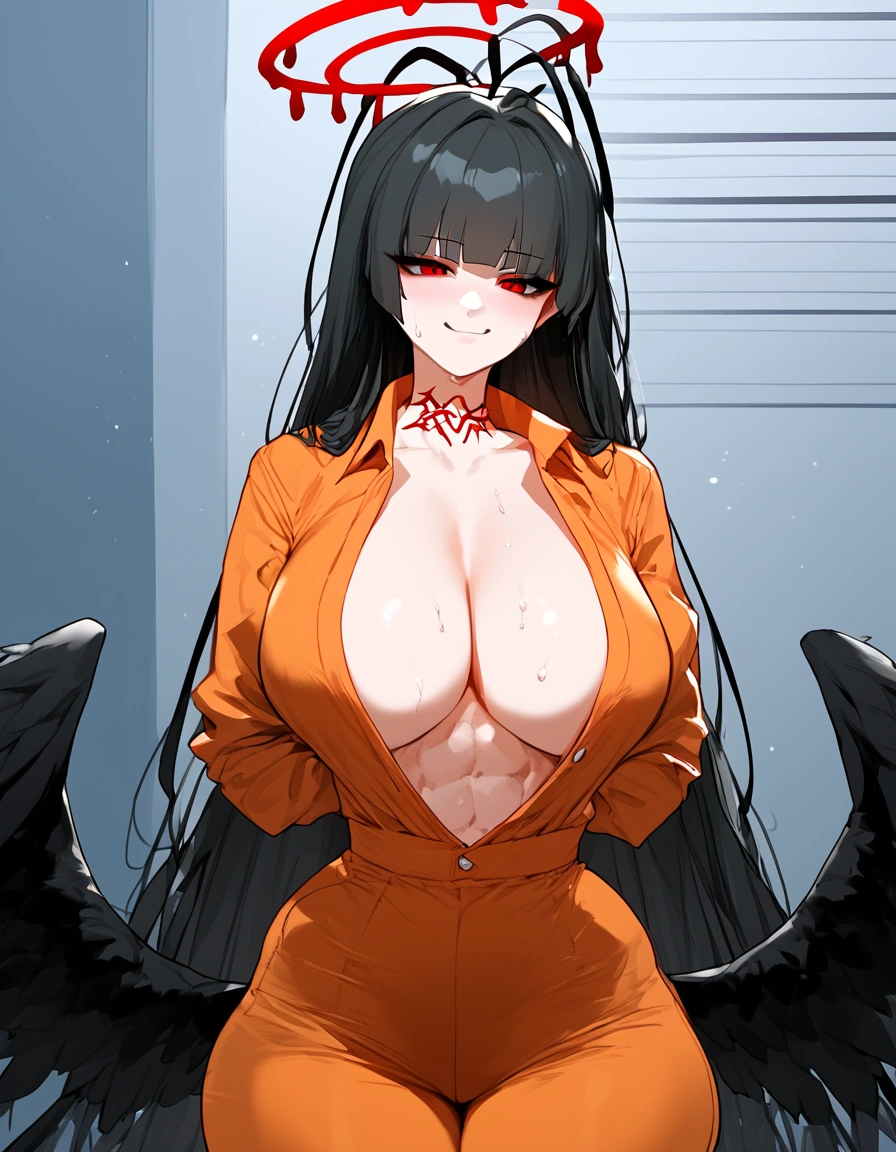 score_9, score_8_up, score_7_up, source_anime, expressive, anime, cartoon, speedlines, dynamic, hearts, 1girl, wide hips, makeup, big breasts, cleavage, open shirt, skindentation, toned, sweat, orange jumpsuit, prison, smug, , long hair, Tsurugi (black hair, hime cut, antenna hair, long hair, halo, bloody halo, red eyes, eyeshadow, black wings, low wings, wings from lower back, thorny wings, featherless wings, neck tattoo,), , mugshot style