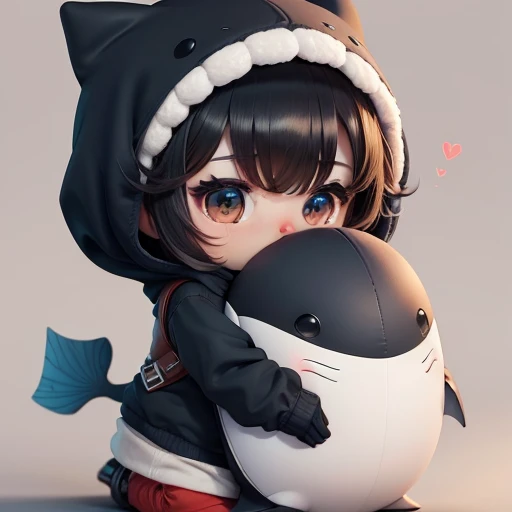 High quality,Masterpiece, Chibi, Nerdrooid, Mega Mini, Ninja, whale hat, whale tail, Whale costume, have dark hair, Bob hairstyle,hug