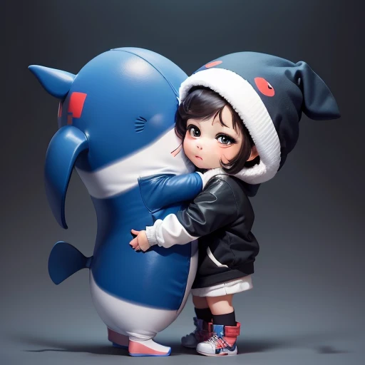 High quality,Masterpiece, Chibi, Nerdrooid, Mega Mini, Ninja, whale hat, whale tail, Whale costume, have dark hair, Bob hairstyle,hug