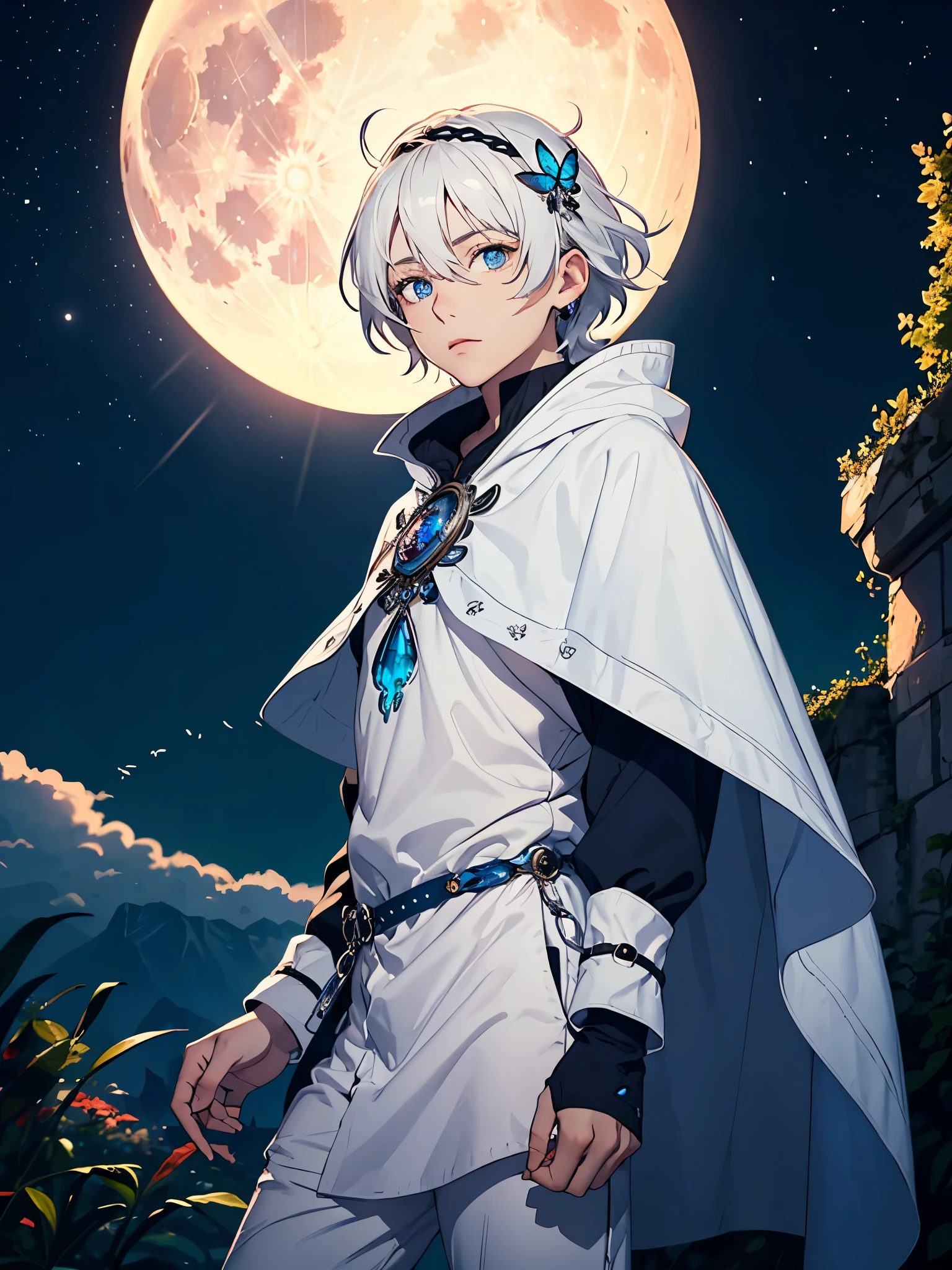 Blauer schmetterling. Lange haare. Mehr anime. aquatic, boy, Goddess of the Moon, silver hair accessories, White hair, White dress, cape, at night, saturated colors, light eyes, bright, light blue light, blue eyes, Jewelry silver, bluish light, Full moon in the background, aquatic in der Luft rosa kerzen