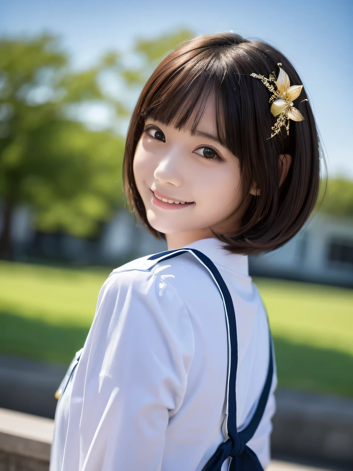 Top quality, 1 beautiful woman, Sunlight, ((masterpiece, Highest quality, High resolution)), (look back:1.3), 1 girl, smile, (Realistic: 1.4), Great face, , Short Hair, (Beautiful Hair:1.5), Sailor suit, The background is a school building, Side angle, (Close-up of face:1.3), Smooth, Highly detailed CG composite 8K wallpaper, High resolution RAW color photos, Professional photography, Light, BackLight, dream-like, impressive, Written boundary depth