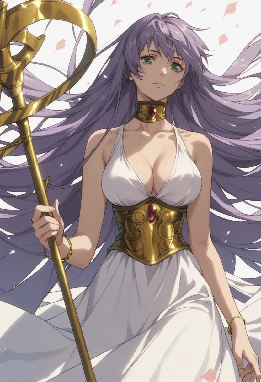 sasha, green eyes, purple hair, long hair, collarbone, large breasts, cleavage, white dress1, dress, gold necklace, petal bracelet, gold belt, jewelry, staff