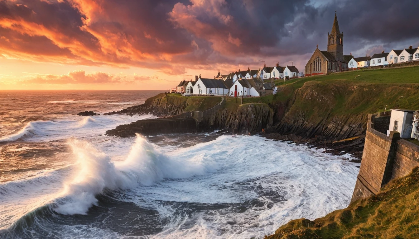 A beautiful old English fishing village with giant waves crashing over the sea wall, there's a church on the hill, it is sunset and the clouds are red,
