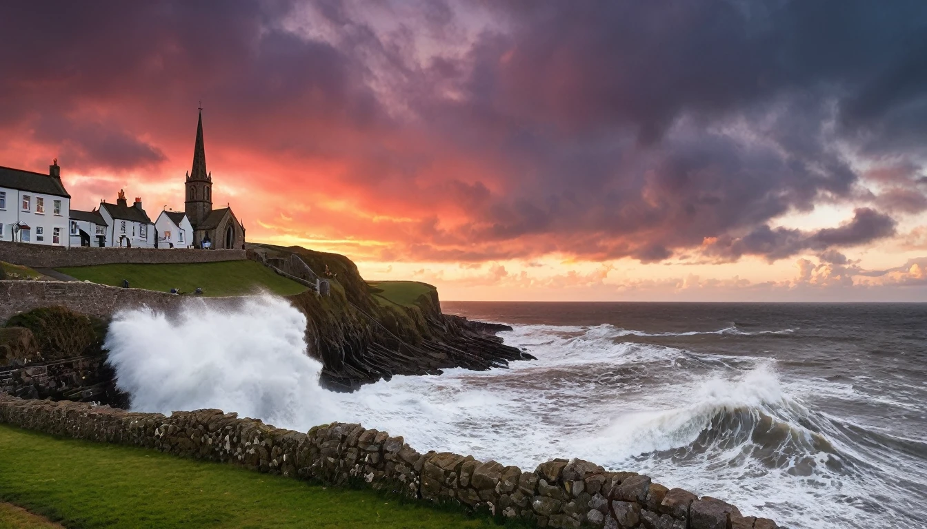 A beautiful old English fishing village with giant waves crashing over the sea wall, there's a church on the hill, it is sunset and the clouds are red,