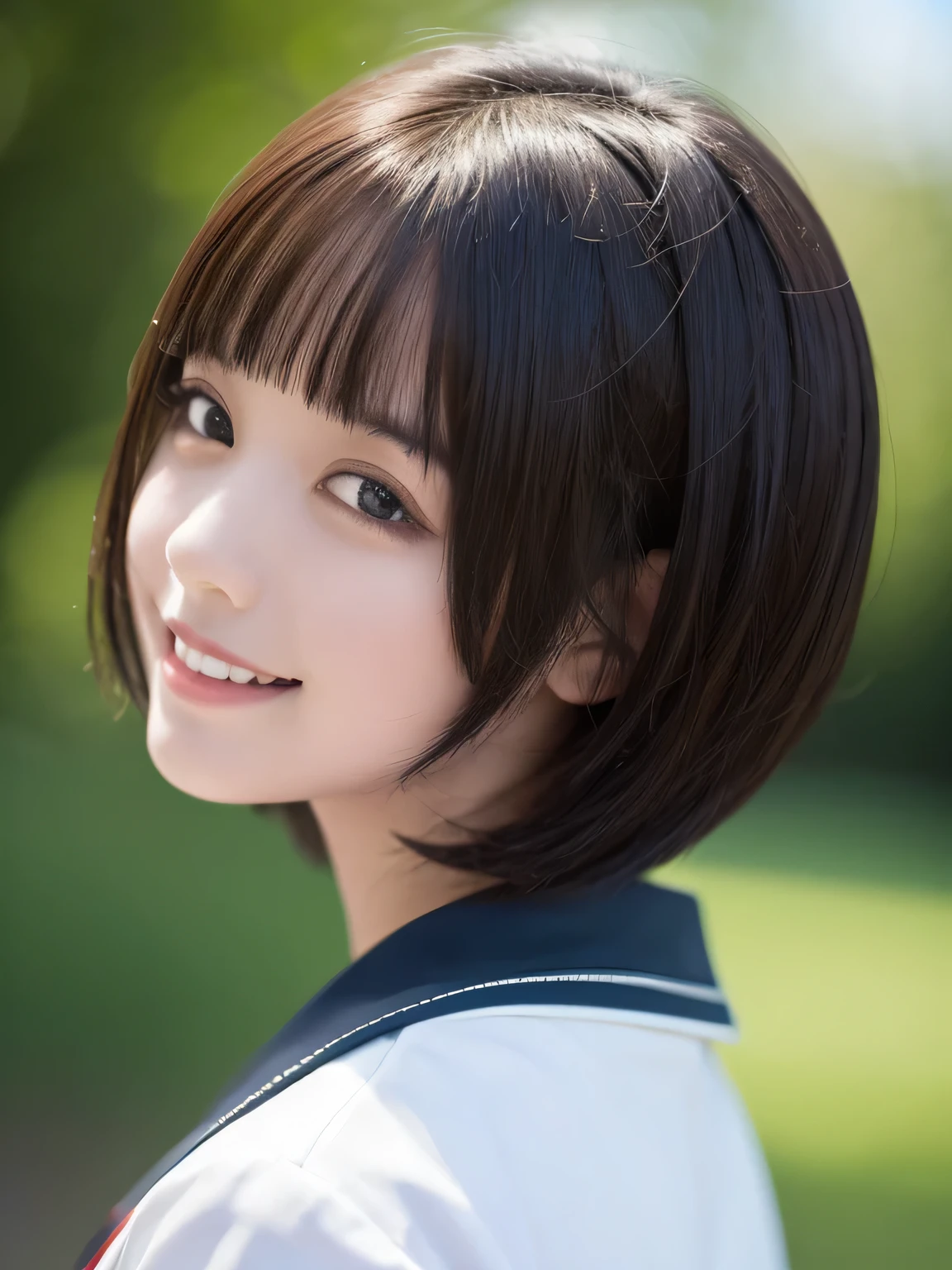 Top quality, 1 beautiful woman, Sunlight, ((masterpiece, Highest quality, High resolution)), (look back:1.3), 1 girl, smile, (Realistic: 1.4), Great face, 15 years old, Short Hair, (Beautiful Hair:1.5), Sailor suit, The background is a school building, Side angle, (Close-up of face:1.3), Smooth, Highly detailed CG composite 8K wallpaper, High resolution RAW color photos, Professional photography, Light, BackLight, dream-like, impressive, Written boundary depth