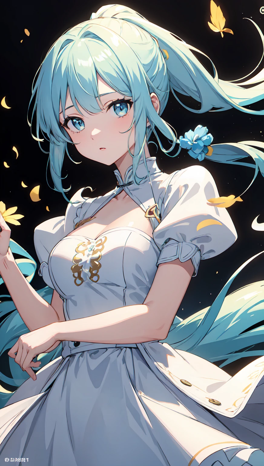 (masterpiece), (best quality), (ultra detailed),(disheveled hair),(illustration), (1girl), (Fashionable clothing), standing, Fashion model, looking at viewer, (interview), (simple background),beautiful detailed eyes, delicate beautiful face, Floating,(high saturation),(colorful splashes),colorful bubble,(shining), focus on face,  ponytail, kamisato ayaka, light blue hair, bangs, hair ring, floating flowers, floating hairs, (shining), best lighting, best shadow,  