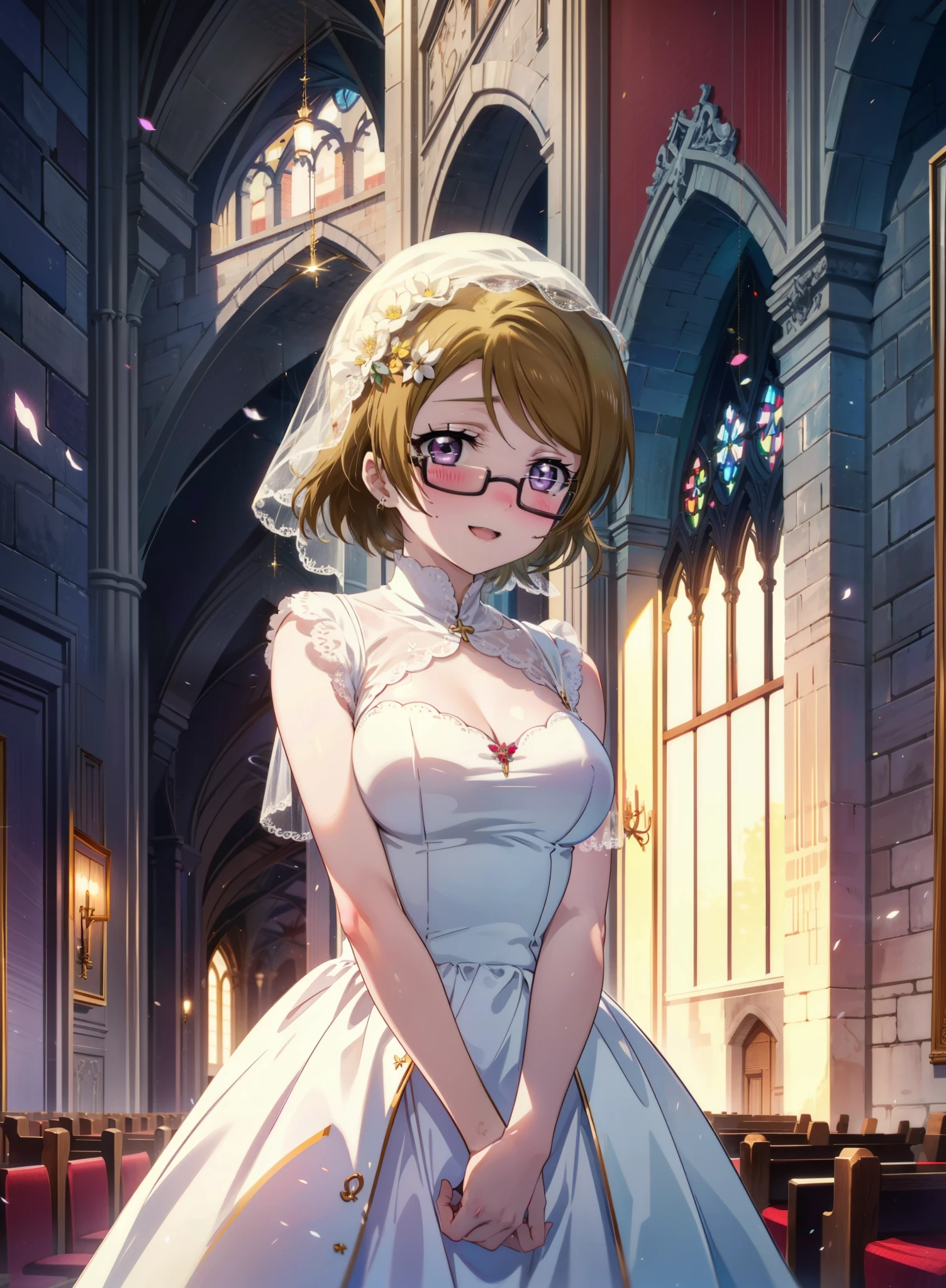 hanayo koizumi, hanayo Koizumi, short hair, Brown Hair, Purple eyes,Big Breasts,Black-rimmed glasses,happy smile, smile, Open your mouth,Wedding dress,Veil,bouquet,Flower storm, break looking at viewer, whole body,(Cowboy Shot:1. 5) break indoors, Chapel,church, break (masterpiece:1.2), Highest quality, High resolution, unity 8k wallpaper, (shape:0.8), (Beautiful attention to detail:1.6), Highly detailed face, Perfect lighting, Highly detailed CG, (Perfect hands, Perfect Anatomy),