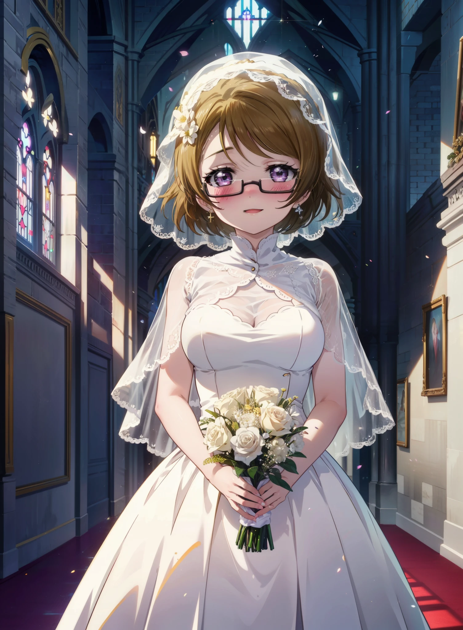 hanayo koizumi, hanayo　Koizumi, short hair, Brown Hair, Purple eyes,Big Breasts,Black-rimmed glasses,happy smile, smile, Open your mouth,Wedding dress,Veil,bouquet,Flower storm,　　　　　　　　　　　　　　　　　　break looking at viewer, whole body,(Cowboy Shot:1. 5) 　　　　　　　　　　　　　　　　　　　break indoors, Chapel,church, 　　　　　　　　　　　break (masterpiece:1.2), Highest quality, High resolution, unity 8k wallpaper, (shape:0.8), (Beautiful attention to detail:1.6), Highly detailed face, Perfect lighting, Highly detailed CG, (Perfect hands, Perfect Anatomy),