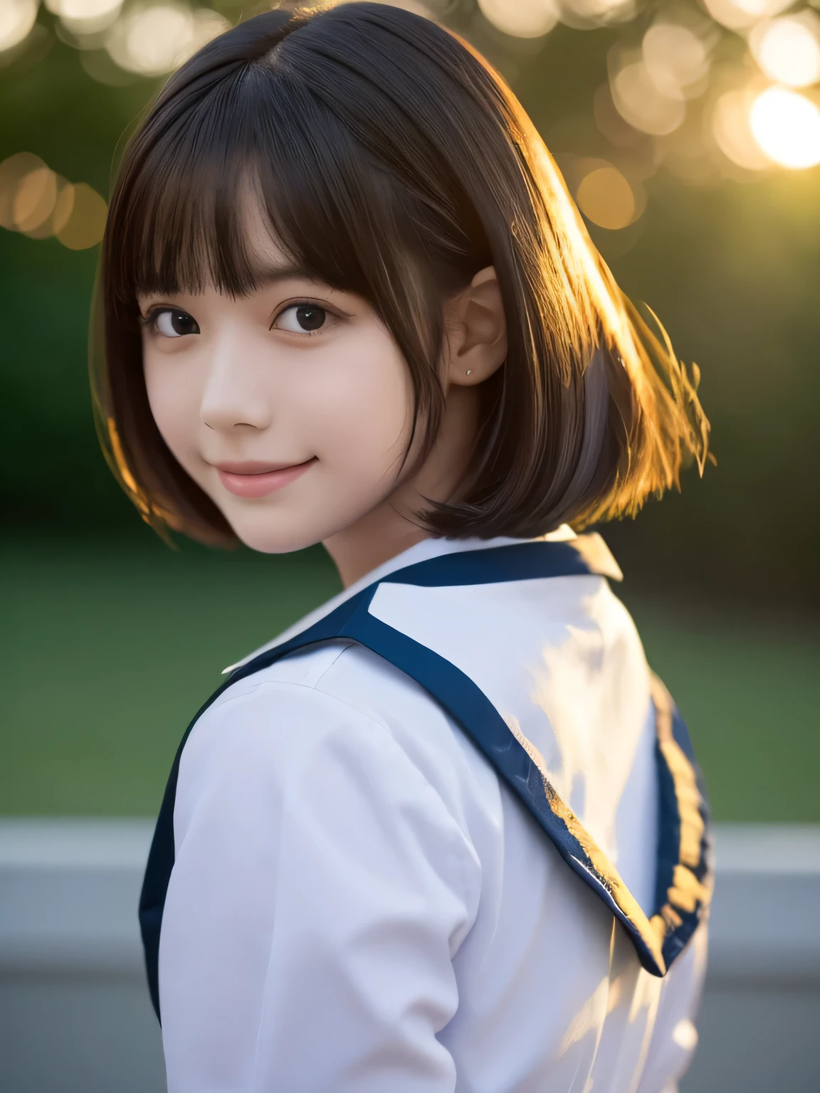 Top quality, 1 beautiful woman, Sunlight, ((masterpiece, Highest quality, High resolution)), (look back:1.3), 1 girl, smile, (Realistic: 1.4), Great face, , Short Hair, (Beautiful Hair:1.5), Sailor suit, The background is a school building, Side angle, (Close-up of face:1.3), Smooth, Highly detailed CG composite 8K wallpaper, High resolution RAW color photos, Professional photography, Light, BackLight, dream-like, impressive, Written boundary depth