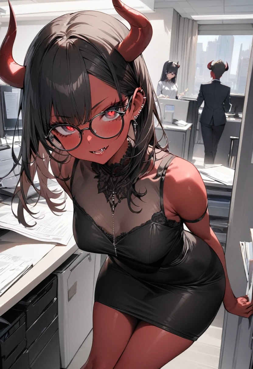 (masterpiece:1.2),(best quality:1.2),(masterpiece, best quality, ultra-high resolution), (demon woman), (office), Short black hair, intense and piercing eyes, red skin, small and discreet horns, slim and elegant figure, small breasts, Dresses in a formal blouse and a tight skirt to the knees, glasses.