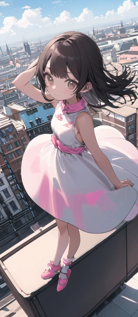 (masterpiece, best quality),from above , 1 little ghost girl, solo, ,billboard, brown eyes, black hair, building, city, cloudy sky, pink sleeveless short dress,pink bow on her dress,pink sandal, floating in the air,standing ontop of her dead body \(machine\), dutch angle, from front, light frown, looking at viewer, outdoors,