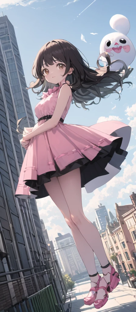 (masterpiece, best quality),from above , 1 little ghost girl, solo, ,billboard, brown eyes, black hair, building, city, cloudy sky, pink sleeveless short dress,pink bow on her dress,pink sandal, floating in the air,standing ontop of her dead body \(machine\), dutch angle, from front, light frown, looking at viewer, outdoors,