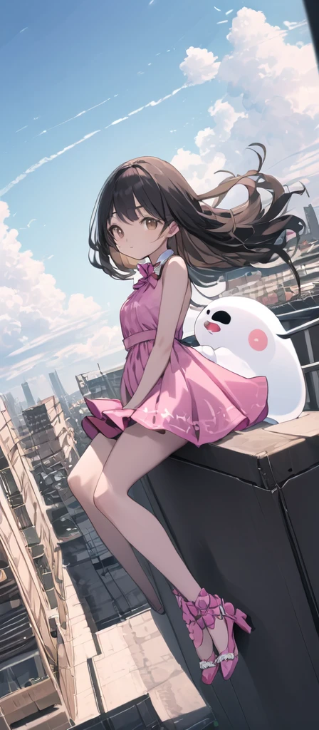 (masterpiece, best quality),from above , 1 little ghost girl, solo, ,billboard, brown eyes, black hair, building, city, cloudy sky, pink sleeveless short dress,pink bow on her dress,pink sandal, floating in the air,standing ontop of her dead body \(machine\), dutch angle, from front, light frown, looking at viewer, outdoors, 