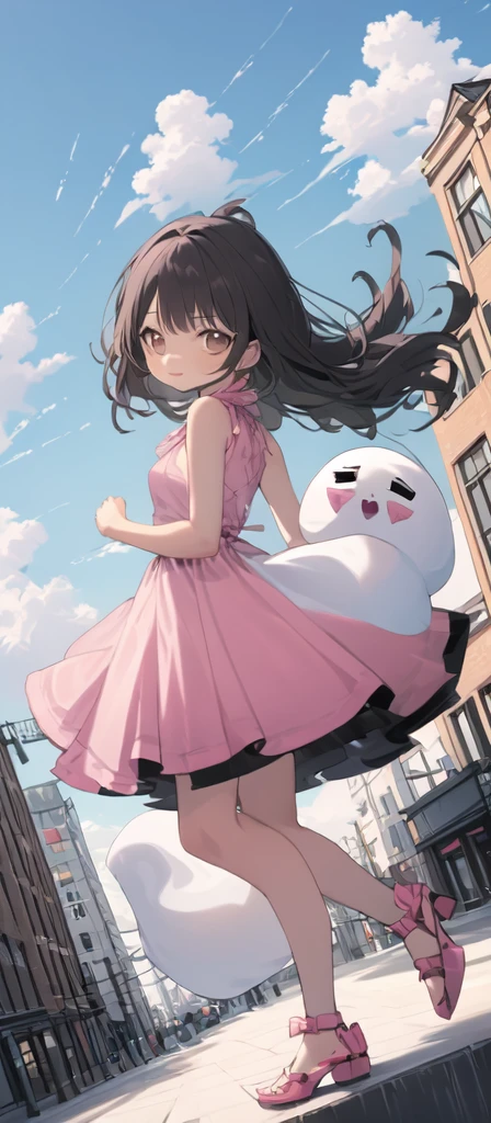 (masterpiece, best quality),from above , 1 little ghost girl, solo, ,billboard, brown eyes, black hair, building, city, cloudy sky, pink sleeveless short dress,pink bow on her dress,pink sandal, floating in the air,standing ontop of her dead body \(machine\), dutch angle, from front, light frown, looking at viewer, outdoors, 