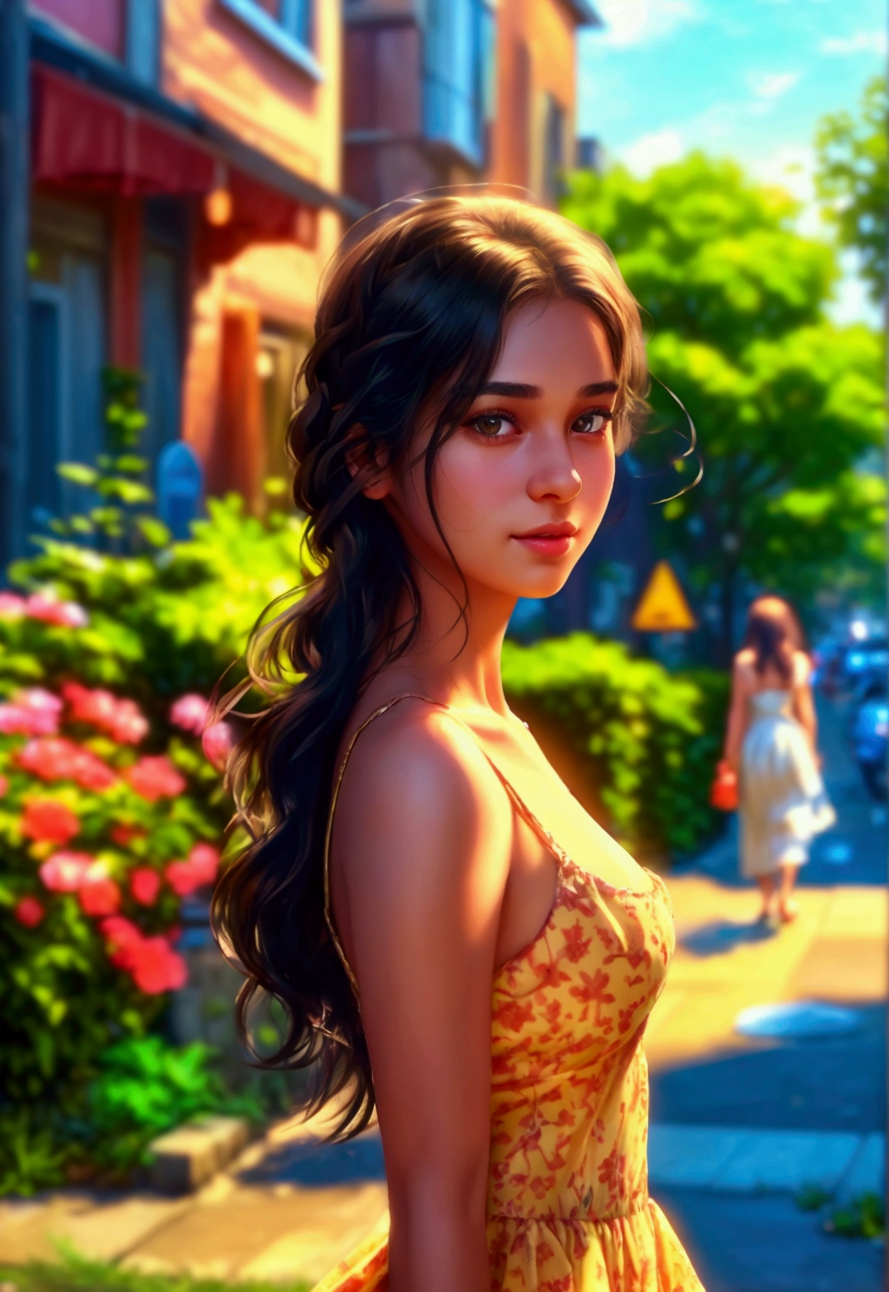 (anika) ultra-realistic portrait of a young woman named (anika) stepping out of her house in a well-maintained city neighborhood. She is dressed in a stylish summer outfit, including a short, fashionable dress that highlights her breasts and accentuates her figure. Her long, dark hair is styled in loose waves, and she has a confident and friendly expression. The background features ultra-realistic details such as well-kept buildings, clean streets, trees lining the sidewalks, street signs, parked cars, and people walking in the distance. Natural lighting highlights her facial features, her outfit, and the vibrant city atmosphere of a sunny summer day.