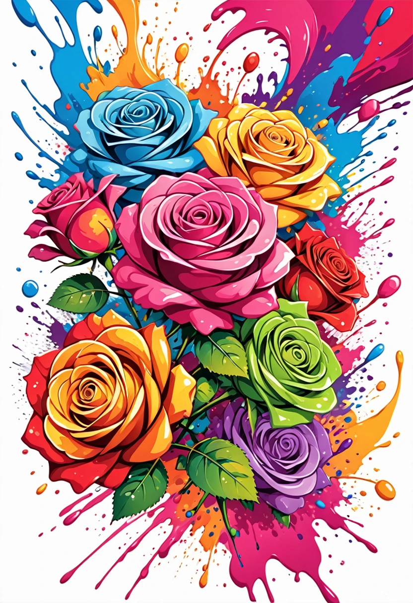 T-shirt designs, vector art, Colorful illustration with many roses, At the center, swirly vibrant colors, paint splashes and smears, t-shirt designs, high détail, White background