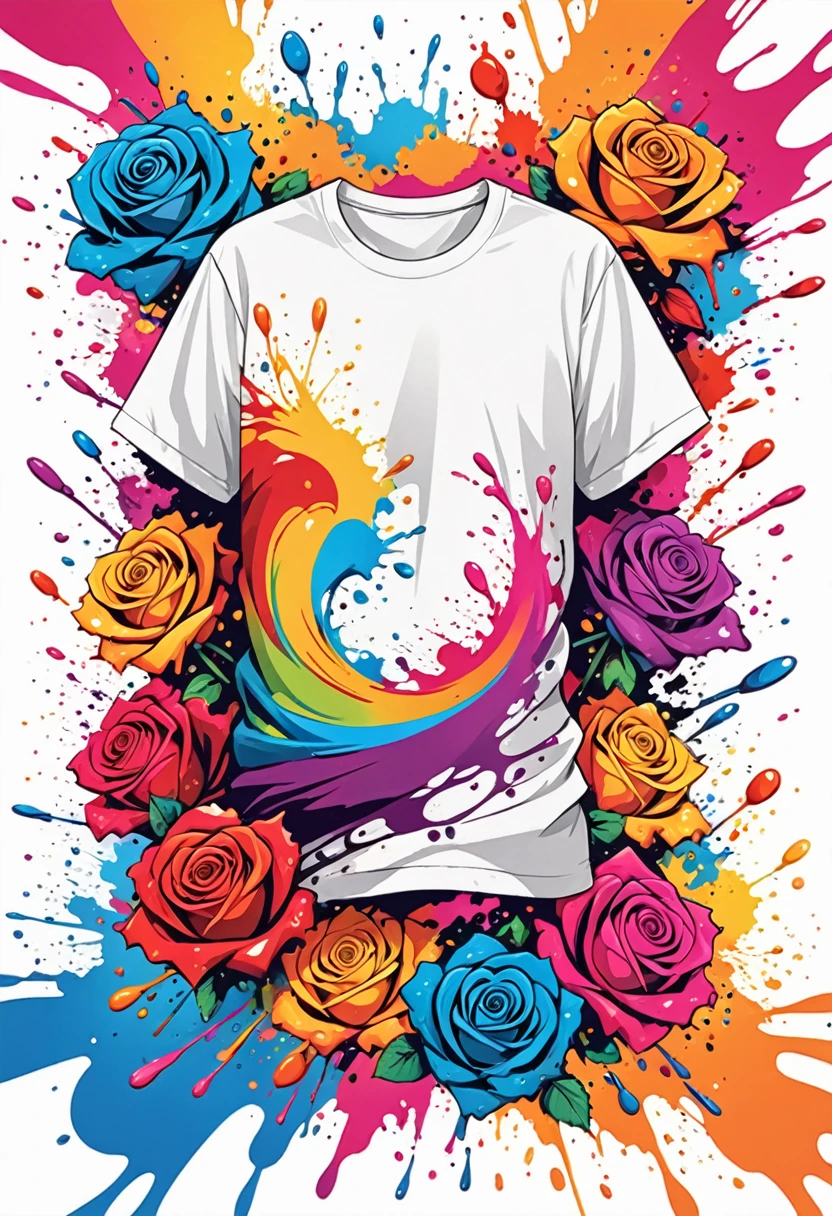 T-shirt designs, vector art, Colorful illustration with many roses, At the center, swirly vibrant colors, paint splashes and smears, t-shirt designs, high détail, White background