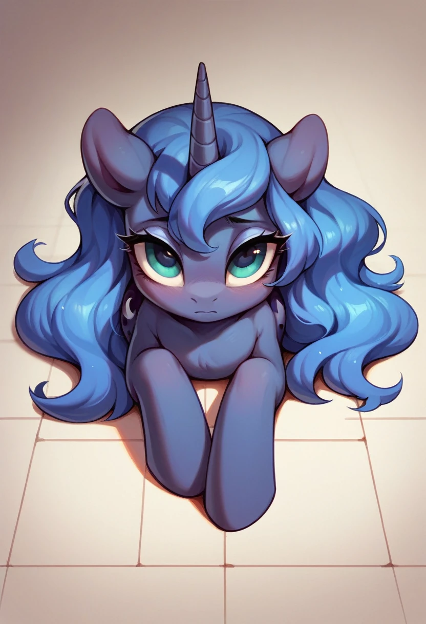 Princess Luna, My Little Pony, anthro, beautiful girl, full body, attractive body,  ultra hd, hdr, masterpiece, 8k, nsfw, high saturation, glowing colors, furry, good hands, adorable, ecchi, small body, smile, lolicon, flat stomach, lunas cutiemark, facing away, sitting,  ass