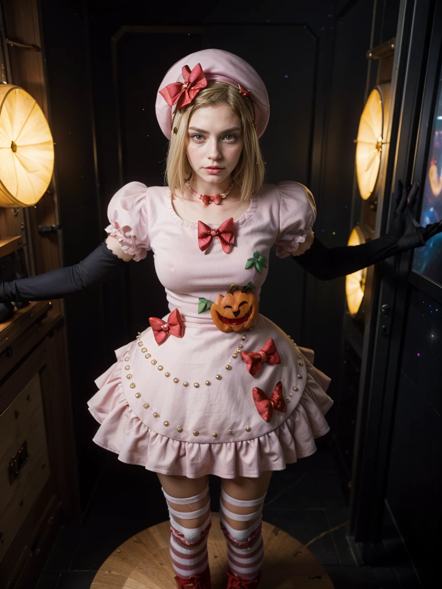(1 lady), The beautiful, (Best quality at best:1.4), (ultra - detailed), (extremely detailed CG unified 16k), gold blonde hair, very detailed, High-definition RAW color photo, professional photoshooting, amazing face and eyes, cosmetics, (amazingly beautiful girl), ((lambdadelta, taller, tall woman)), ((dress, shoes bow, red shoes, striped stockings, red bow, pink hat, necklace, gloves, pearl, pumpkin brooch, pink dress)), levitating in a cute posture (floating in the air), (She's levitating in a cosmic sea, outer space:1.3, quantum hyperspace room lacking walls, hyperspace chamber, extremely detailed background, a lot of details background, realistic background), (look from above), realistic cinematic face, head to feet long wide zoomed out view, full body long view, photorealistic, ((realistic natural blonde hair style, red eyes)), gorgeous, extremely beautiful face, perfect model beauty, pout mouth, Highly Detailed Face and Skin Texture, Detailed Eyes, Double Eyelids, Big Breasts, Persistent Stare, Faith Trance, (mystical stare, looking eternity), (masterpiece), best quality, high resolution, depth of field, cinematic lighting, amazing legs, pink combat boots, clear and well-cared skin