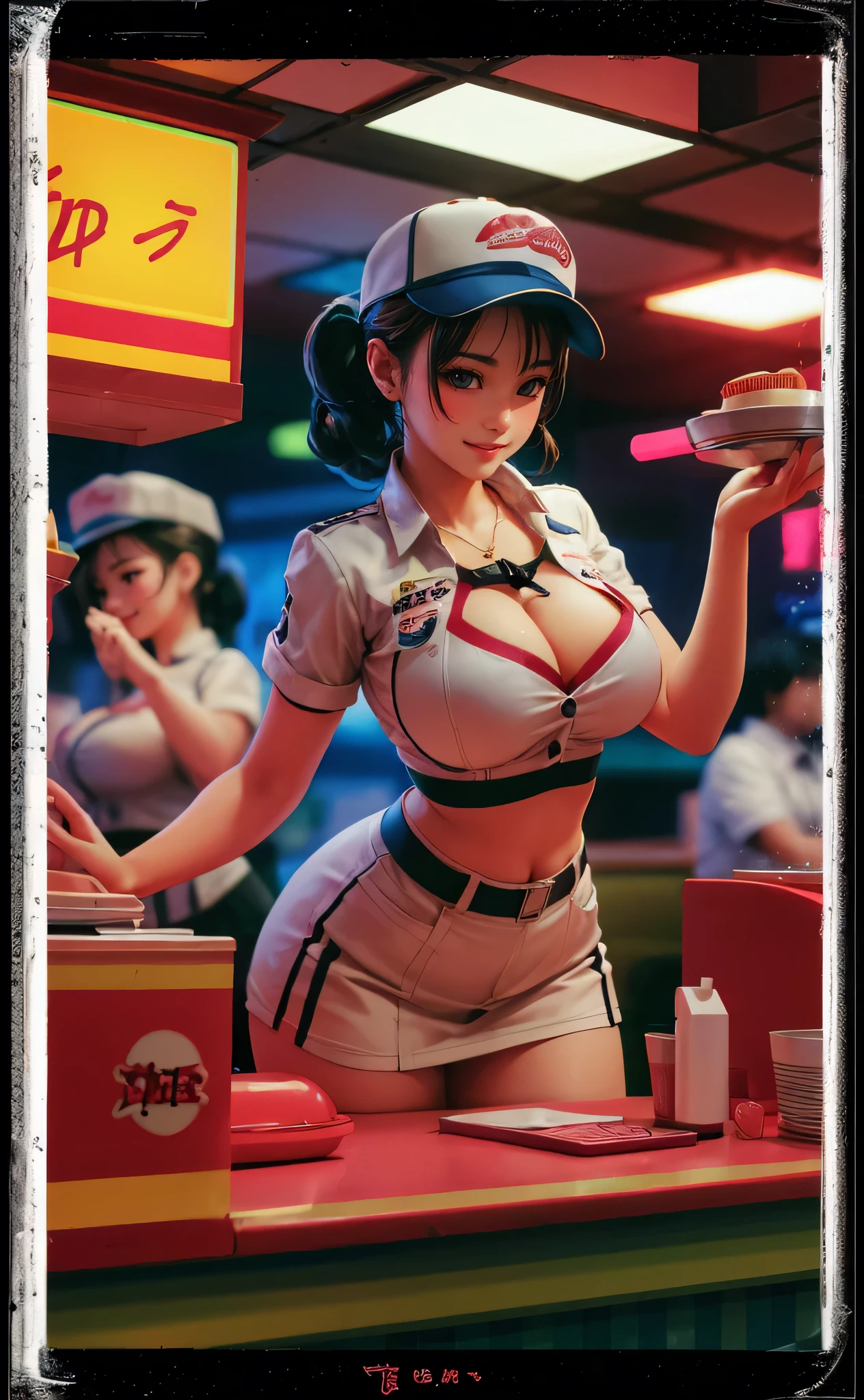 A captivating 3D render of an anime-inspired, busty woman in a fast-food uniform, working in a cartoon-style restaurant. The character exudes confidence and sexiness as she interacts with her surroundings. The restaurant has a vibrant, lofi atmosphere, with a mix of neon lights and retro elements. The overall composition has a playful, edgy vibe, perfect for an anime-loving audience., 3d render, anime