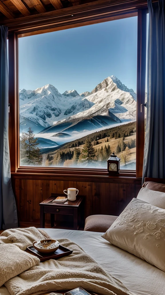 A serene and cozy bedroom scene with floor-to-ceiling windows showcasing a breathtaking view of the majestic Alps mountains. The bedroom is tastefully decorated with a plush king-size bed, warm blankets, and soft lighting. There is a rustic wooden side table with a steaming cup of tea and a good book. The mountain view outside is covered in a light dusting of snow, creating a tranquil and inviting atmosphere.