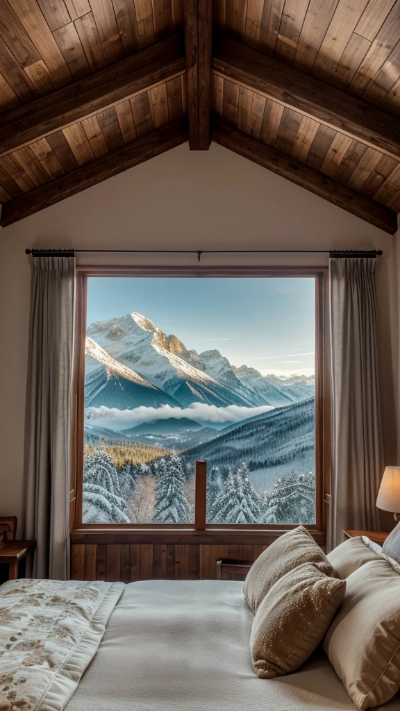 A serene and cozy bedroom scene with floor-to-ceiling windows showcasing a breathtaking view of the majestic Alps mountains. The bedroom is tastefully decorated with a plush king-size bed, warm blankets, and soft lighting. There is a rustic wooden side table with a steaming cup of tea and a good book. The mountain view outside is covered in a light dusting of snow, creating a tranquil and inviting atmosphere.