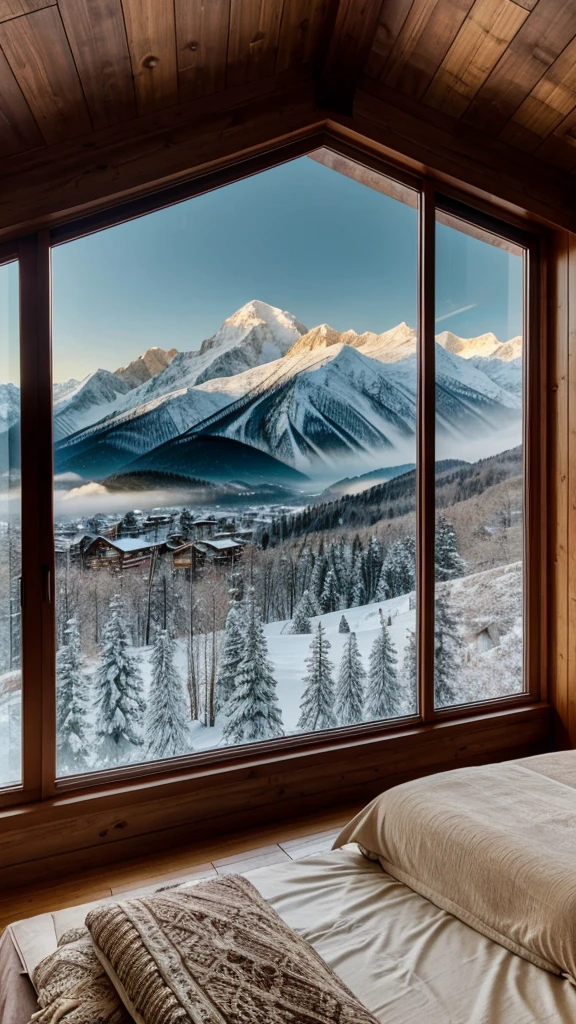 A serene and cozy bedroom scene with floor-to-ceiling windows showcasing a breathtaking view of the majestic Alps mountains. The bedroom is tastefully decorated with a plush king-size bed, warm blankets, and soft lighting. There is a rustic wooden side table with a steaming cup of tea and a good book. The mountain view outside is covered in a light dusting of snow, creating a tranquil and inviting atmosphere.