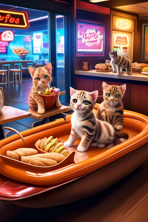 (Highest quality、masterpiece、8K))、Anatomically correct、Very detailed、High resolution、Realistic、((Beautiful, bright, almond-shaped, detailed eyes))、Intricate details、Cinematic lighting、((Dynamic composition))、Party、cute cat、Fast food restaurant clerk、Fast food counter、Red Cap Cap