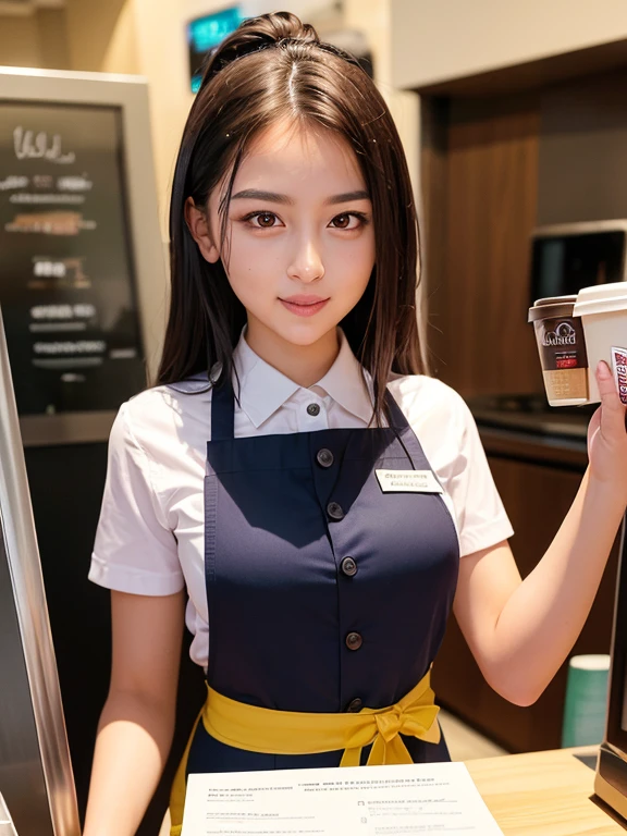 (Ultra-high resolution), (masterpiece), (Attention to detail), (high quality), (最high quality), ((Upper Body Shot)) , One Girl, Generate an image of a female waiter working in a modern and stylish fast food restaurant。she、Black uniform shirt, Stylish apron, Wear a name tag、Modern design counter, Menu Board, Taking orders in front of the coffee machine。