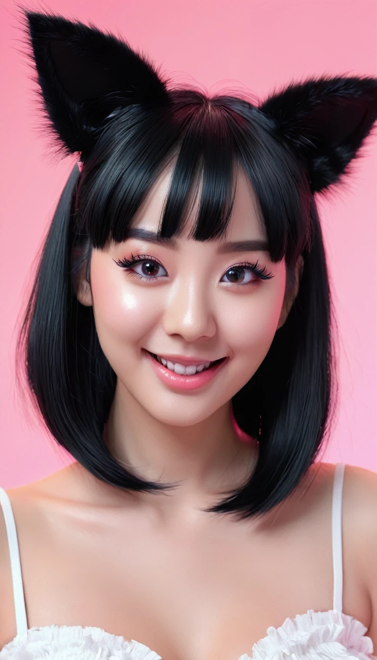 black hair, hair bobbles, wince, longeyelashes, solid circle eyes, fake animal ears, light smile, ear blush, fang, ccurate, Surrealism, drop shadow, anaglyph, stereogram, tachi-e, pov, atmospheric perspective, 8k, super detail, best quality